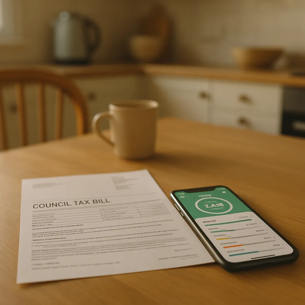 a council tax bill on a kitchen table beside a smartphone in a bright home