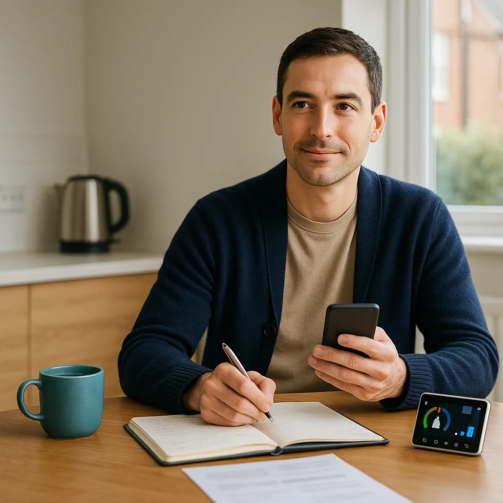 Adult at kitchen table reviewing energy usage with phone, notebook, and smart meter