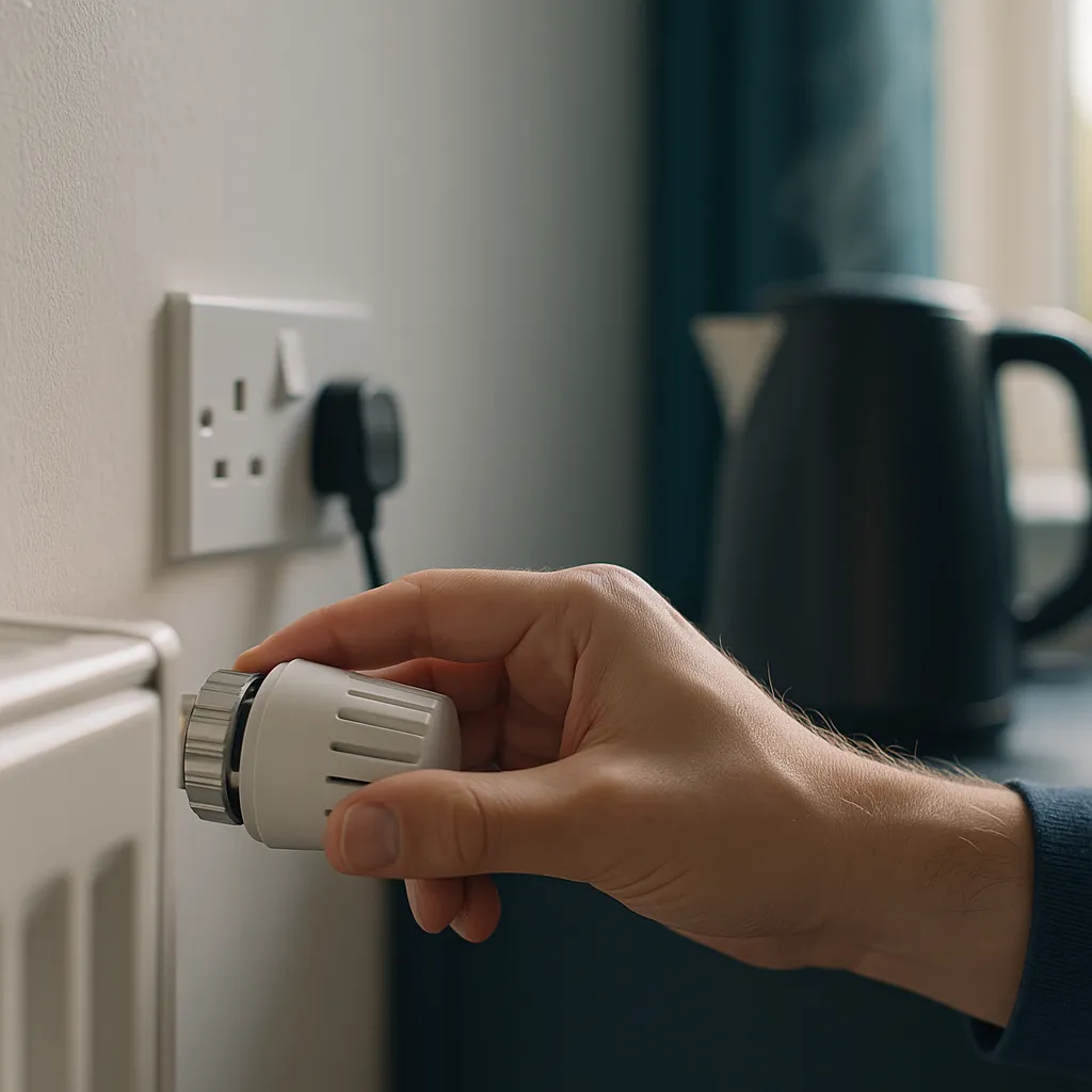 Hand adjusting white radiator knob; UK socket and steaming kettle in soft morning light.