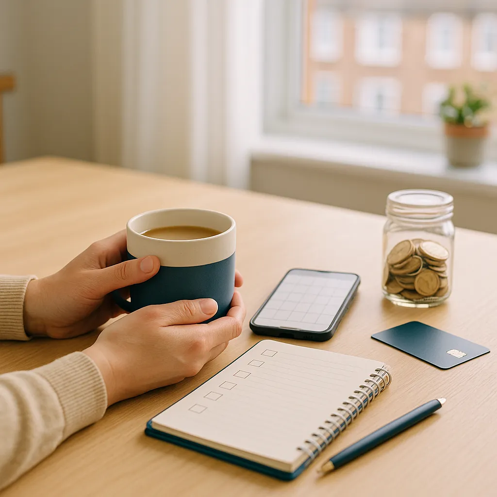 Hands holding a navy mug beside notebook, phone and jar of coins on a bright UK kitchen table