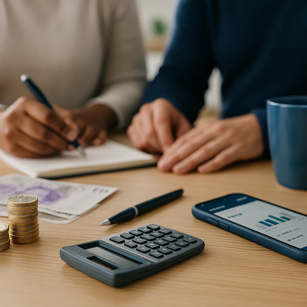 Hands reviewing household budget with coins, calculator, and phone on a wooden table.