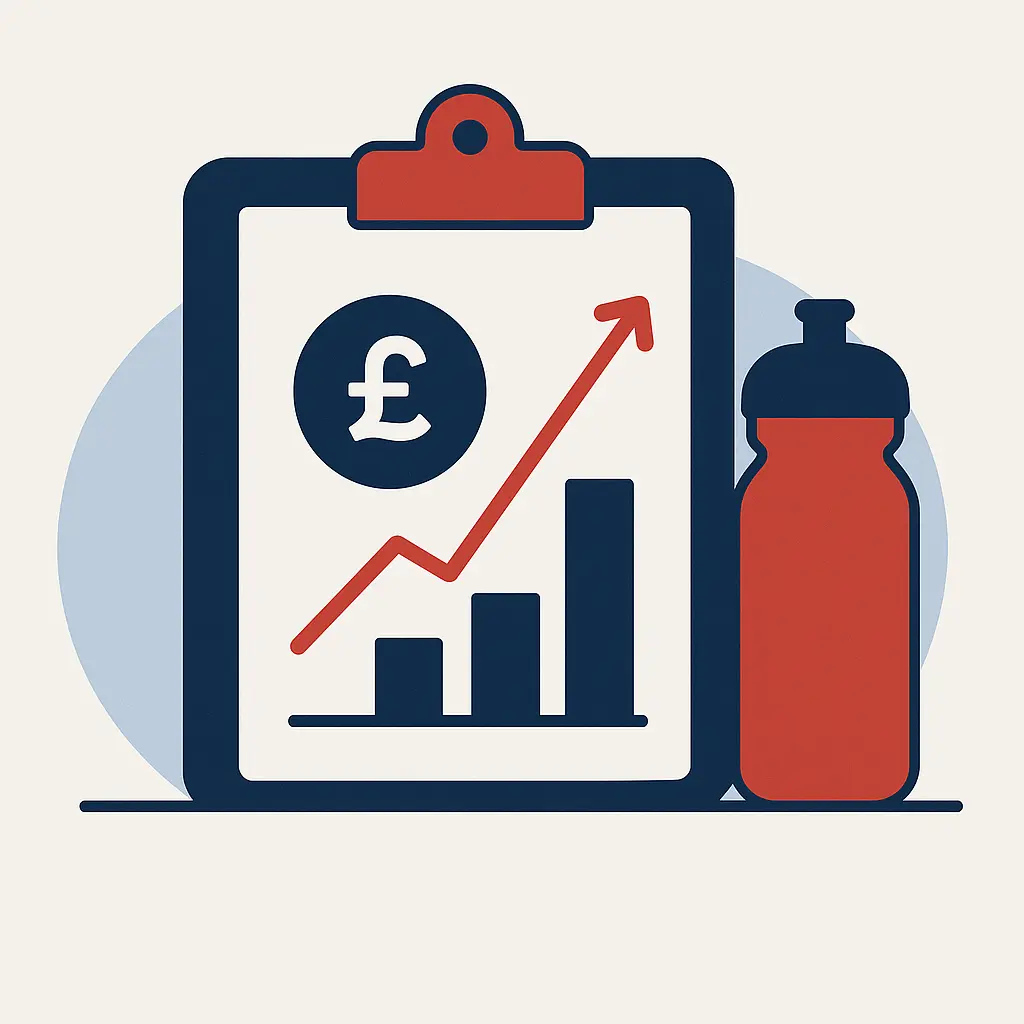 “A flat-style illustration showing a navy and red clipboard with a rising financial graph and a pound symbol, next to a red water bottle. The design uses simple geometric shapes in 118 118 Money brand colours.